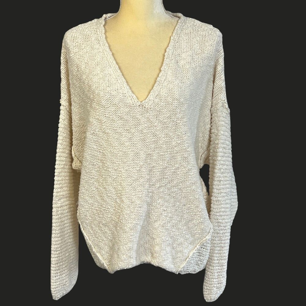Universal Thread Women's Cream Chunky Knit V-Neck Cotton Sweater XXL Seamed Fall